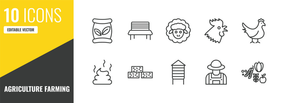 agriculture farming outline icon set. 10 linear vector for ui, web and mobile. thin line seed bag, garden bench, sheep icons.