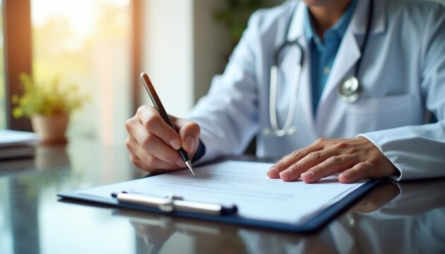 Doctor in lab coat and stethoscope reviews medical document. Physician signs consent form at desk. Patient agreement healthcare. Pro medical practice.