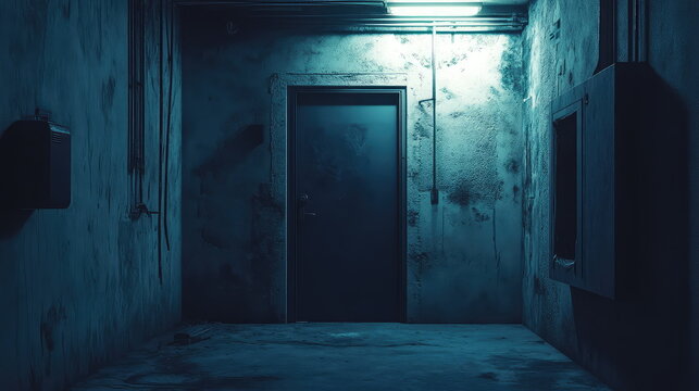 Dark, dingy basement corridor with concrete walls and a closed door, illuminated by a single fluorescent light, creating a cold, gritty, and oppressive atmosphere