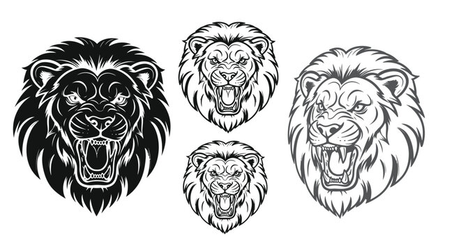Lion heads depicted in various artistic styles show powerful feline features for use in branding and strong identity design projects.