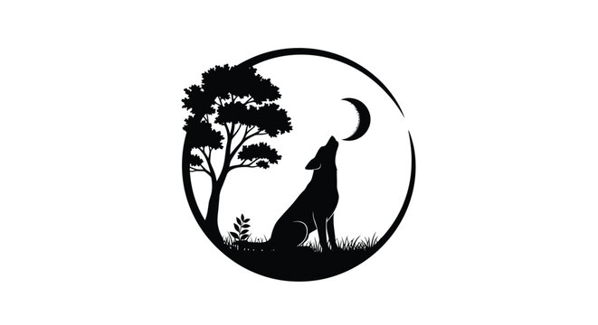 A wolf silhouette sitting beneath a crescent moon and tree branches provides a serene and artistic representation of wild night landscapes.