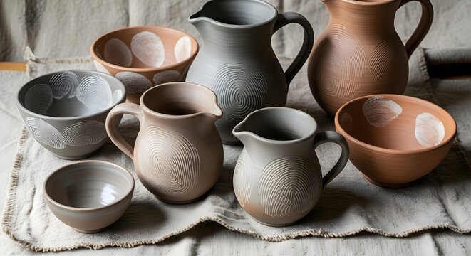 Handmade Ceramic Pitchers and Bowls with Textured Patterns