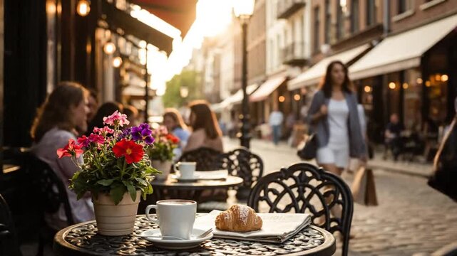Relaxing outdoor cafe scene with coffee, croissant, and flowers on a sunny cobblestone street
