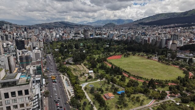 Quito - Ecuador 24 April 2024, Aerial Drone View of La Carolina Park and Modern Buildings in Quito, High-resolution aerial drone shot of La Carolina Park in Quito, Ecuador.