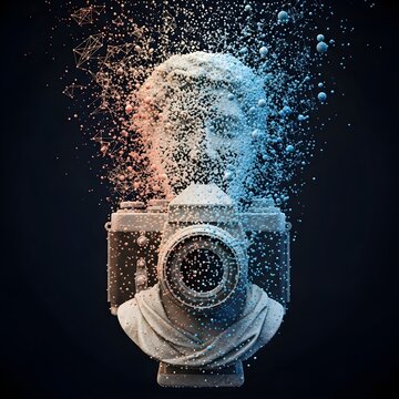 Abstract sculpture of a camera bust exploding into particles and network connections