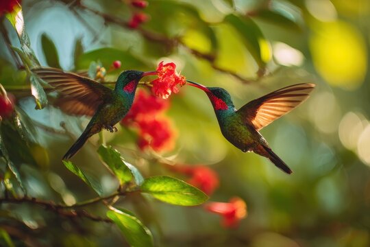 Close-up of a violet sabrewing hummingbird hovering beside a bright red flower in a Costa Rican jungle