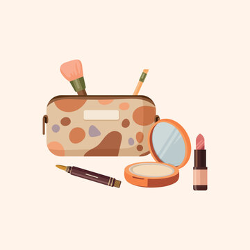 Cosmetic bag with makeup tools flat vector illustration including brush eyeliner lipstick and compact powder beauty set isolated on beige background 