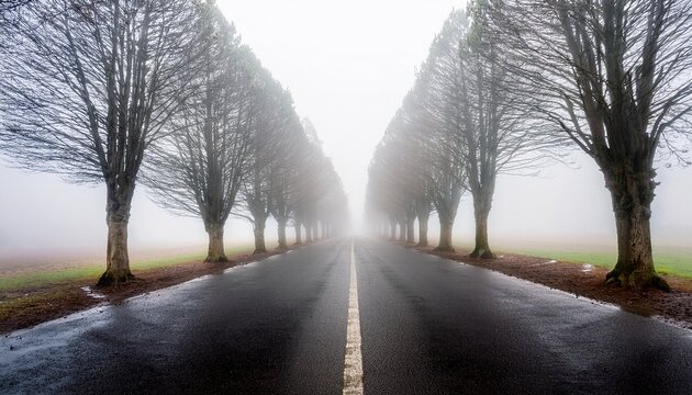 thick fog creating a tunnel effect down a long empty tree lined road or pathway the trees recede into the whiteout suggesting a journey into the unknown usage journey uncertainty exploration