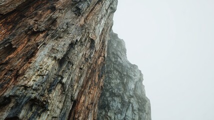 Fototapeta premium Old growth tree trunk with weathered bark texture and deep cracks, close up in a misty forest evoking rugged, organic patterns and a tranquil, hazy woodland atmosphere