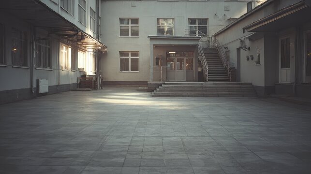 Empty urban courtyard framed by architecture, featuring a building entrance with multiple windows, a set of outdoor steps, and early morning sun rays illuminating the paving