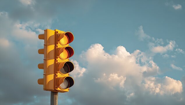 A unique traffic light showing all four signals as glowing yellow is set against a pale blue sky with fluffy white clouds at sunset