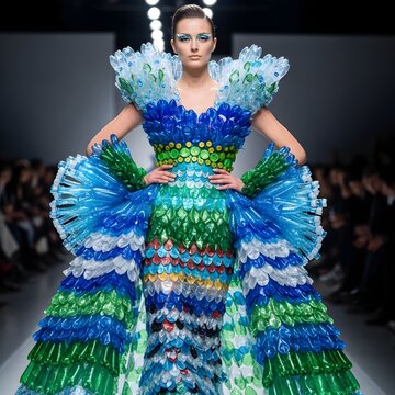 Model on Runway Wearing Eco-Friendly Dress Made of Recycled Plastic Bottles