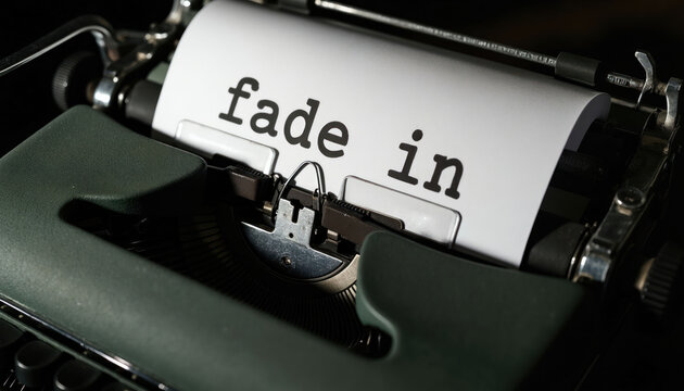 Vintage typewriter prints fade in text on paper. Dramatic lighting creates shadows on retro writing machine. Classic tool for story creation and old media.