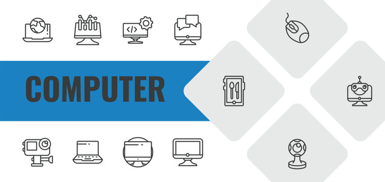 computer outline icon set. linear vector for ui, web and mobile. thin line surfing the net, data analyser, develope icons.