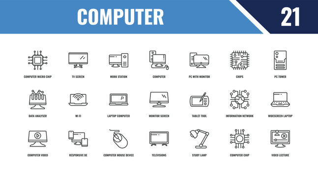 computer outline icon set. linear vector for ui, web and mobile. thin line tv screen, pc tower, tablet tool icons.