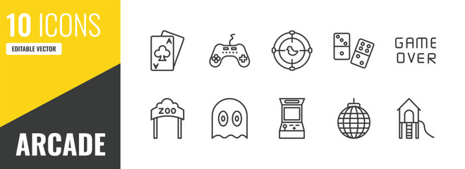 arcade outline icon set. 10 linear vector for ui, web and mobile. thin line card game, controller, shoot duck icons. © Farahim