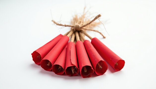 Bundle of red firecrackers tied with rough twine. The pyrotechnic items are ready for ignition. Their paper casings are slightly torn revealing a brown wick. Festive occasion.
