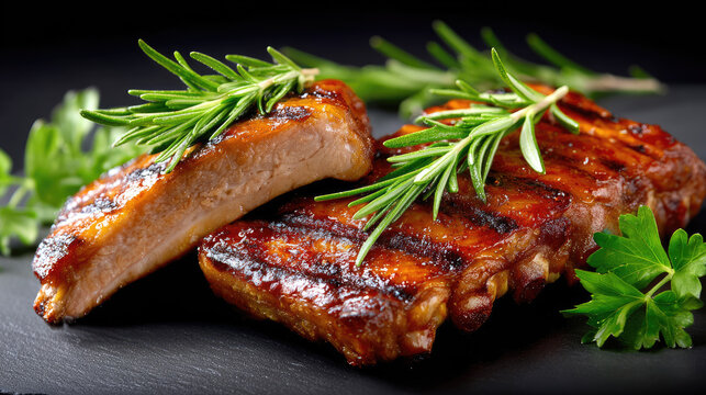 Barbecued pork ribs covered in a sticky sweet sauce and topped with fresh rosemary sprigs, ready for serving as a delicious meal or appetizer