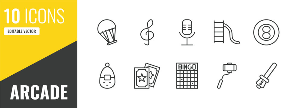 arcade outline icon set. 10 linear vector for ui, web and mobile. thin line paraplane, g clef, voice acting icons.