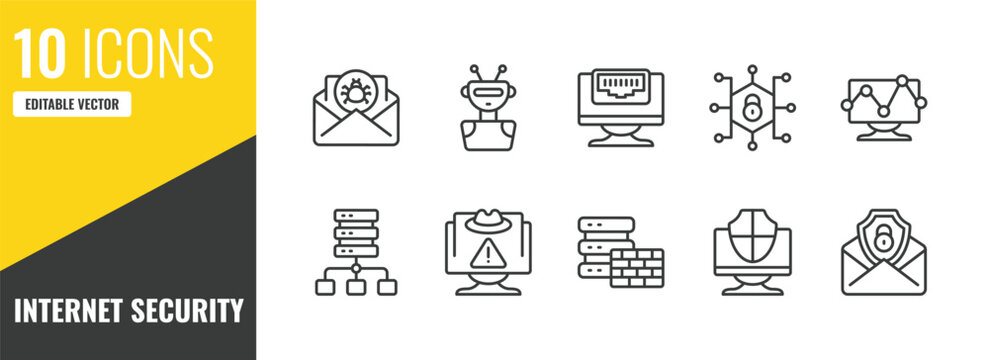 internet security outline icon set. 10 linear vector for ui, web and mobile. thin line spam, bot, ethernet icons.