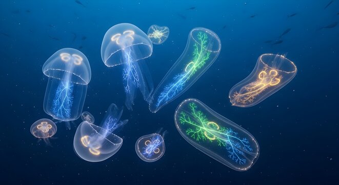 Bioluminescent jellyfish glowing in deep blue ocean with small fish swimming in background