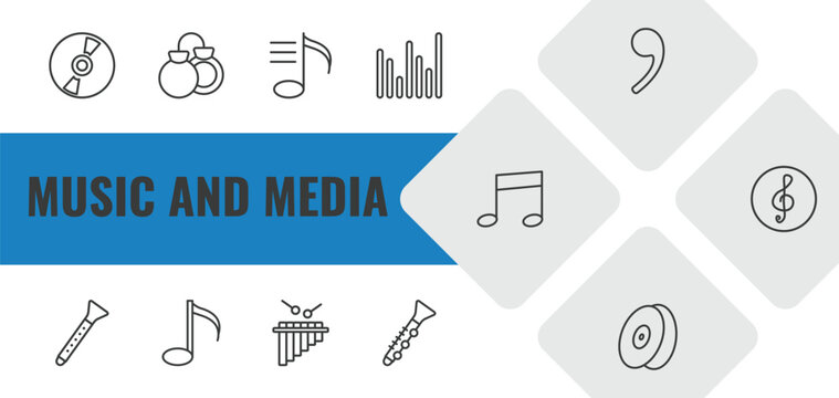 music and media outline icon set. linear vector for ui, web and mobile. thin line music record, castanets, playlist icons.