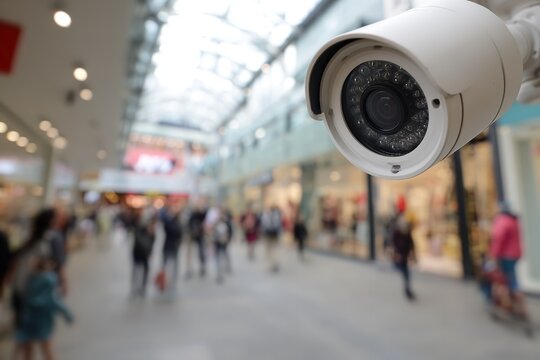 A detailed close-up of a white security camera highlights its lens and infrared sensors against a blurred background of a busy shopping mall