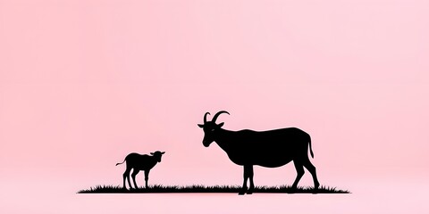 Fototapeta premium Black silhouette of goat and cow in bottom corner on pastel pink background with subtle silver gradient accents, clean vector style, high contrast, and large copy space, Eid al-Adha theme.