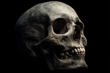 Obraz premium Grinning human skull against a stark black backdrop for Halloween mood