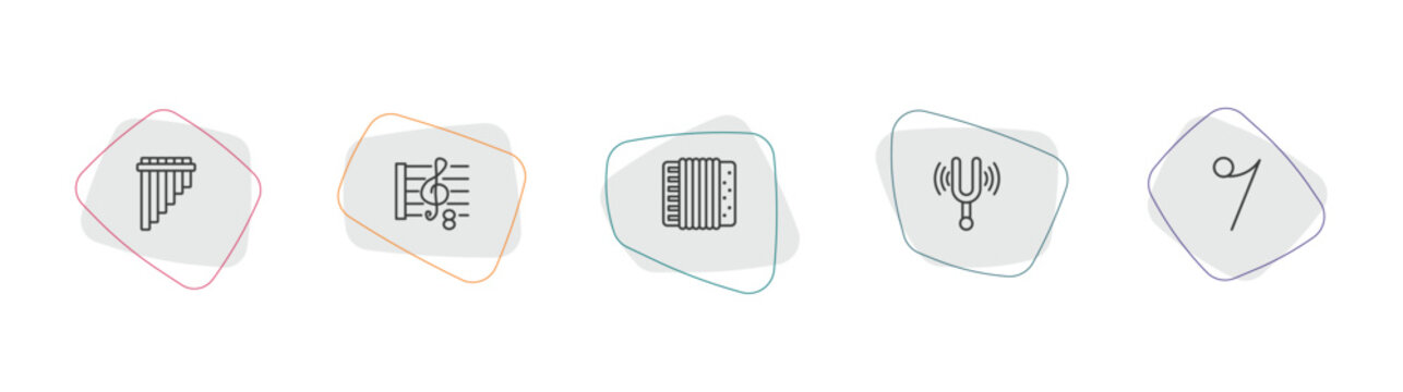 music and media outline icon set. linear vector for ui, web and mobile. thin line panpipe, octave, accordion icons.