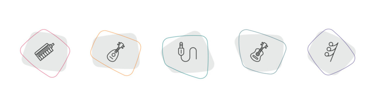 music and media outline icon set. linear vector for ui, web and mobile. thin line melodica, mandolin, jack connector icons.