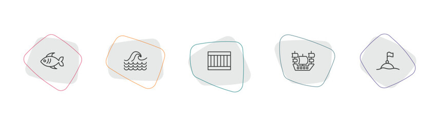 nautical outline icon set. linear vector for ui, web and mobile. thin line fish, sea, big crate icons. © Farahim