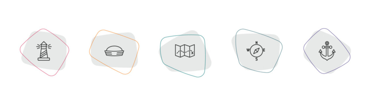nautical outline icon set. linear vector for ui, web and mobile. thin line lighthouse, sailor hat, treasure map icons.