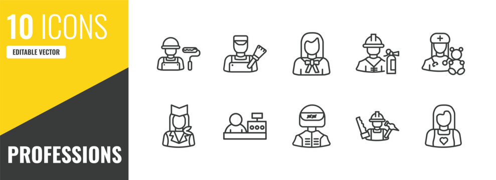 professions outline icon set. 10 linear vector for ui, web and mobile. thin line dyer, painter, lawyer icons.