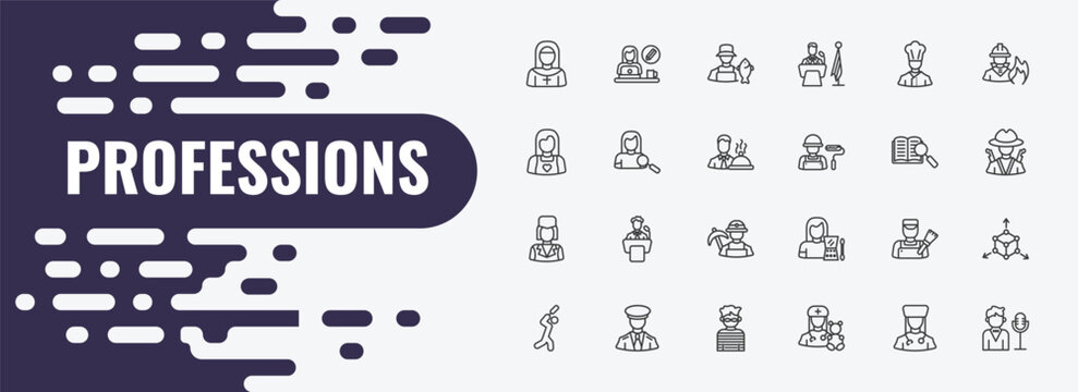 professions outline icon set. linear vector for ui, web and mobile. thin line graphic de, fisherman, chef icons.