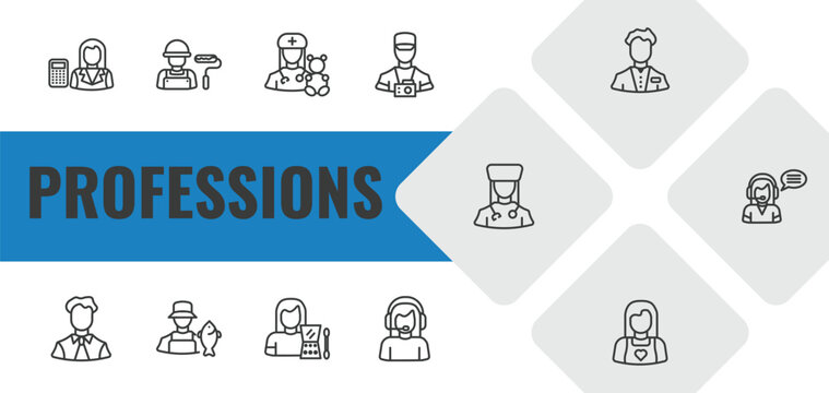 professions outline icon set. linear vector for ui, web and mobile. thin line mathematician, dyer, pediatrician icons.