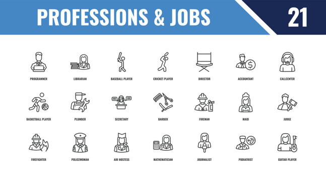 professions & jobs outline icon set. linear vector for ui, web and mobile. thin line librarian, callcenter, fireman icons.