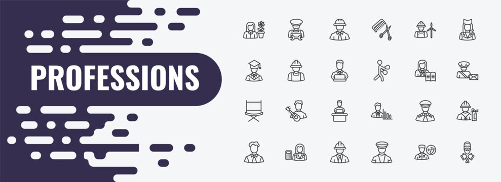 professions outline icon set. linear vector for ui, web and mobile. thin line mechanic, civil engineer, wind turbine technician icons.