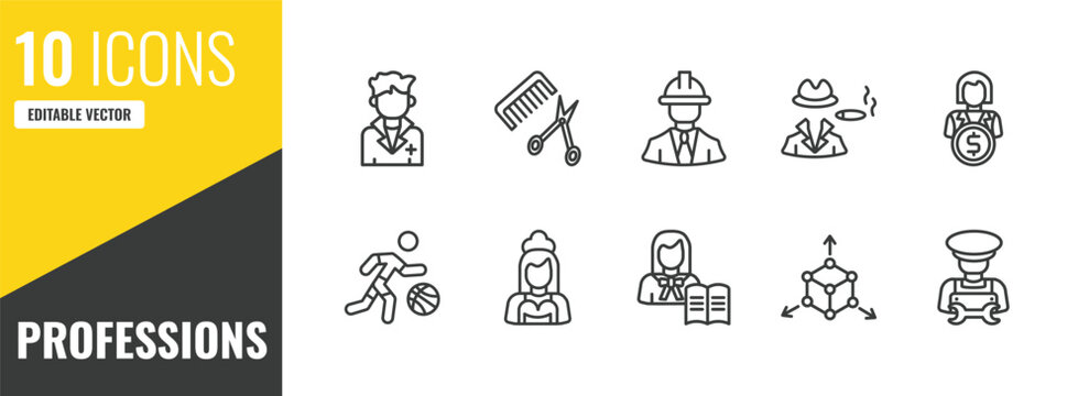 professions outline icon set. 10 linear vector for ui, web and mobile. thin line doctor, hairdresser, engineer icons.