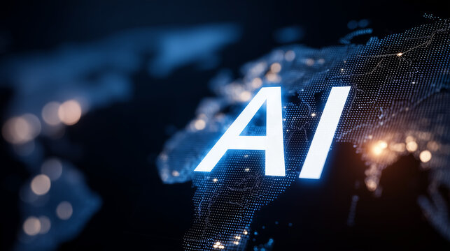 Large AI letters over a digital world map representing artificial intelligence, global technology adoption, and data driven transformation.
