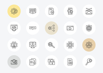 Fototapeta premium seo outline icon set. linear vector for ui, web and mobile. thin line api, optimization, seo management icons.