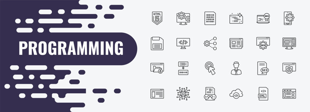 programming outline icon set. linear vector for ui, web and mobile. thin line engineering, binary file, seo reputation icons.