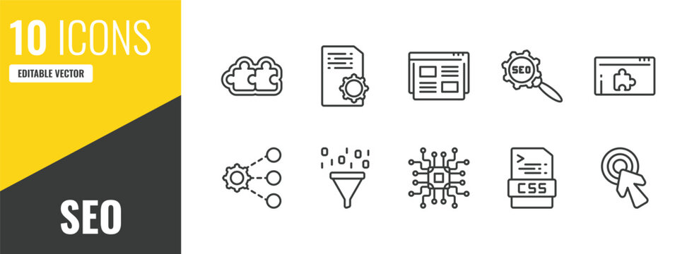 seo outline icon set. 10 linear vector for ui, web and mobile. thin line addon, article, landing page icons.