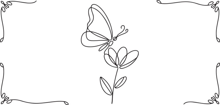 One continuous line drawing of butterfly with flower. Thin curl border and flying wing symbol in simple linear style.one line vector illustration on white background