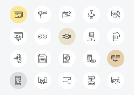 programming outline icon set. linear vector for ui, web and mobile. thin line code listing, image seo, broken link icons.
