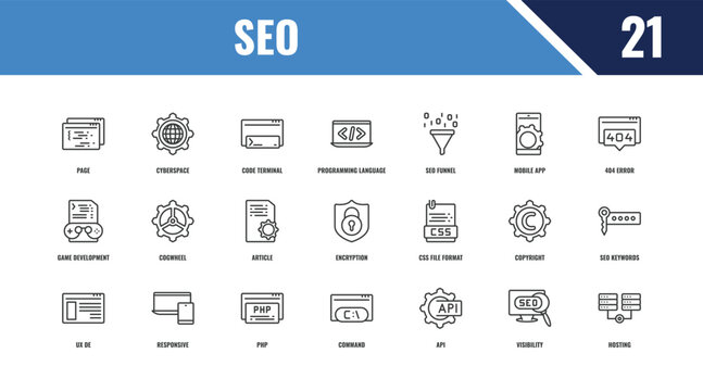 seo outline icon set. linear vector for ui, web and mobile. thin line cyberspace, 404 error, css file format icons.