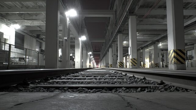 Subway depot interior with railway tracks at night