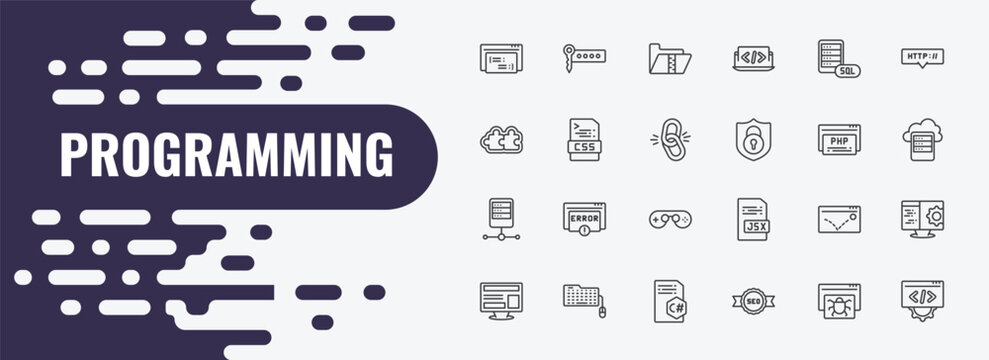programming outline icon set. linear vector for ui, web and mobile. thin line seo keywords, archive, mysql icons.