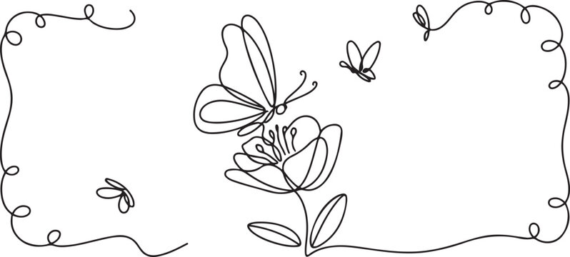 One continuous line drawing of butterfly with flower. Thin curl border and flying wing symbol in simple linear style.one line vector illustration on white background