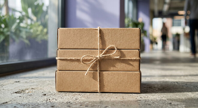 Close up of a stack of three plain brown cardboard boxes tied with natural string sitting on the floor in a bright modern office corridor